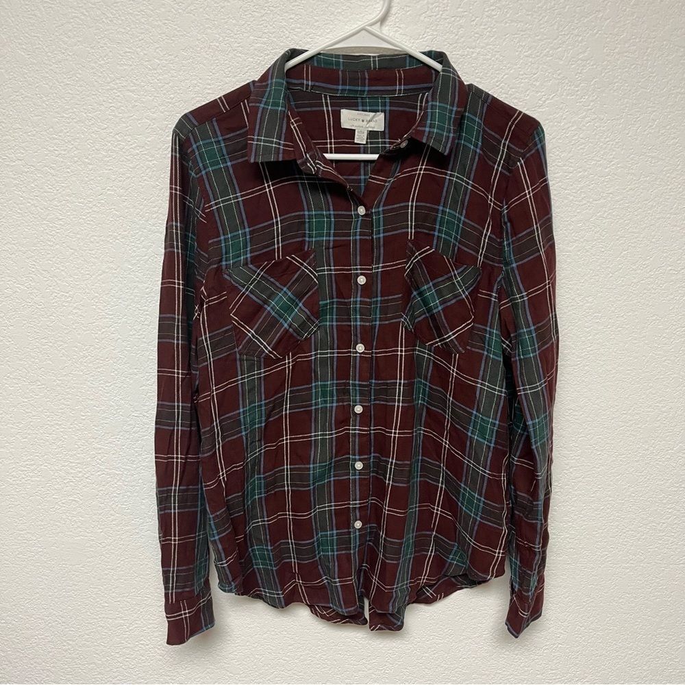 Lucky Brand Women’s Maroon Plaid Long Sleeve Button Down Shirt w/ Back Slit MED
